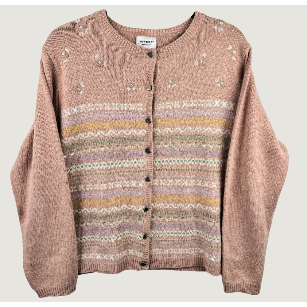 Monterey by Koret Cardigan Women Medium Pink Angora Blend Fair Isle Cottagecore